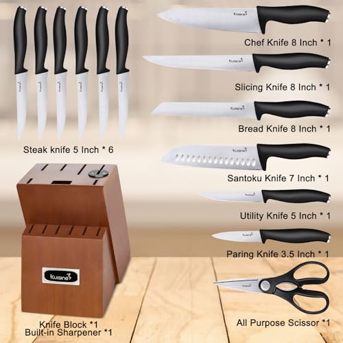 Kuisine Premium Chef Knife Set,High Carbon Stainless Steel Razor-Sharp Blade Ergonomic Handle,Upgraded Knife Block Set with Built-in Sharpener,Elegant Gift for Holiday(Acacia,15PCS)