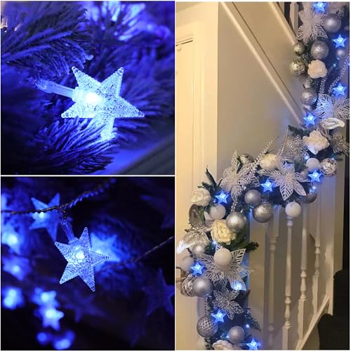 CESOF Blue Christmas Star String Lights Decorations, 20 FT 40 LED Battery Operated Twinkle Lights Cute Hanging Star Fairy Light for Bedroom Room Car Party Home Indoor Outdoor Xmas Tree Decor