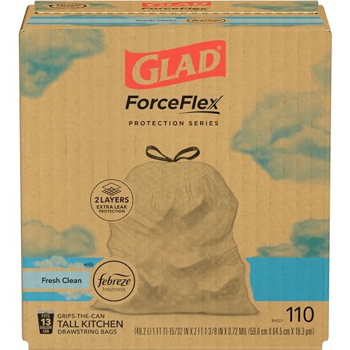 Glad Trash Bags, ForceFlex Tall Kitchen Drawstring Garbage Bags, 13 Gal, Fresh Clean Scent with Febreze, 110 Ct