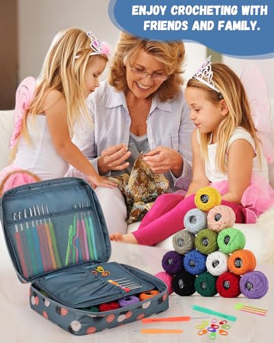 Katech 65 pcs Yarn Crochet Kits - Different Sizes Crochet Hooks Set DIY Yarn Weaving Tools Ergonomic Crochet Needles with 16 pcs Colorful Yarn Skeins for Crochet Lovers to Crochet and Knit (Blue)