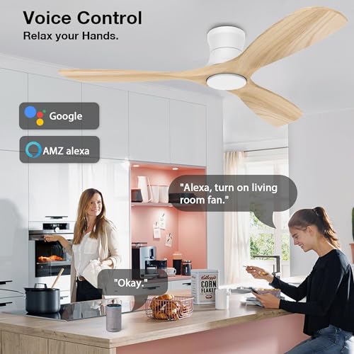 Livory Smart 52” Wood Flush Mount Ceiling Fans with Lights and Remote,Quiet DC Motor,Outdoor Indoor Ultra Low Profile Ceiling Fan works with Alexa WIFI APP,Modern White Ceiling Fan for Bedroom Patio