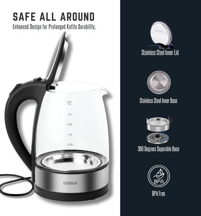 Azeus 1.8L Electric Kettle CX-817 - Fast Boil, Auto Shut-Off, Boil-Dry Protection, 360° Swivel Base - Stainless Steel Water Boiler for Tea, Coffee, and Hot Water