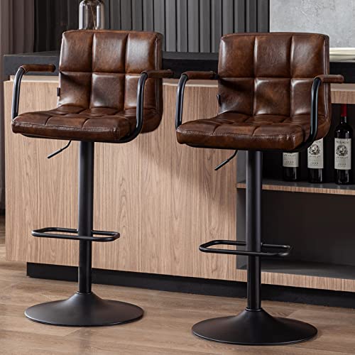 DUHOME Faux Leather Bar Stools Set of 2, Modern Kitchen Stool Chairs with Backrest Footrest Swivel Bar Chairs Adjustable Height for Kitchen Counter Bar Café, Dark Brown