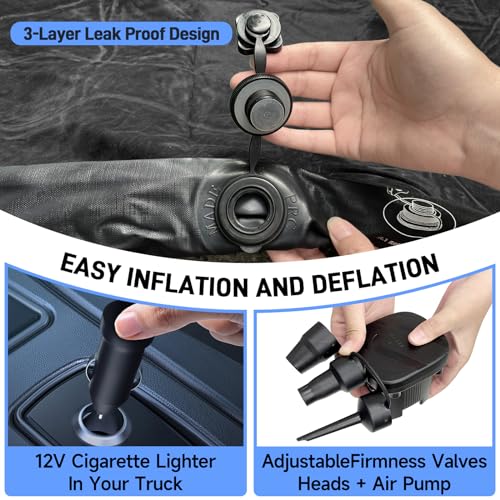 Uncle elk Truck Bed Air Mattress, Full Size Truck Beds, Inflatable Air Mattress Bed with Air Pump 2 Pillows, Carry Bag, Pickup Bed Air Mattress for Chevrolet Silverado, Dodge Ram, Ford, Black