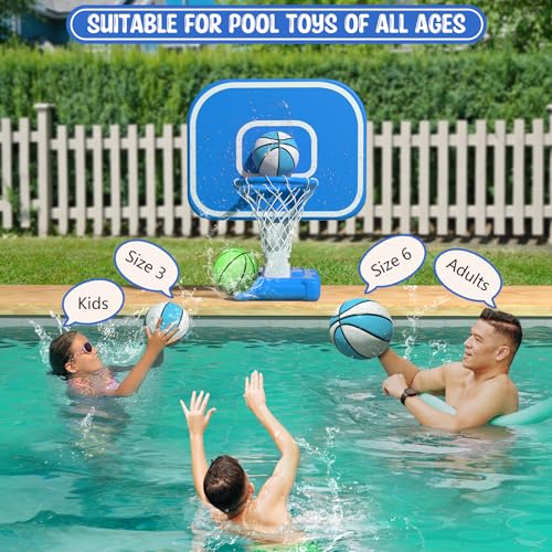 Pool Basketball Hoop, 33"x26"x50" Oversized Pool Toys with Adjustable Height Includes 4 Balls(Size 6, 2×Size 3, Glow)/ Nets/Pump for Poolside Water Basketball Game, Swimming Pool Games for Kids Adults