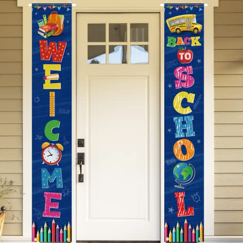 Welcome Back to School Porch Sign Supplies Back to School Door Sign Party Decorations First Day of School Hanging Banners for Kindergarten Pre-school Primary High School Classroom Wall (Blue)