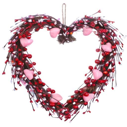 VioletEverGarden Valentine’s Day Wreath,15” Heart Shaped Wreath with Red Berries and Small Pink Hearts for Valentine’s Day Wedding Festival Decor