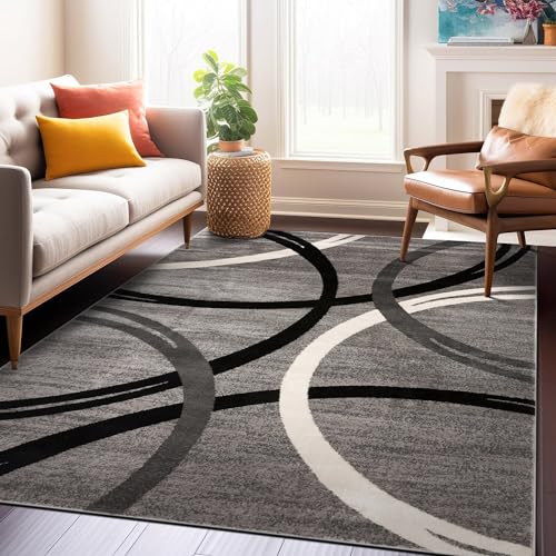 Rugshop Modern Wavy Circles Design Round Rug 6' 6" (6' 6" Diameter) Black