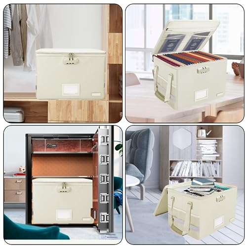 ENGPOW File Box with Lock, Fireproof Document Box with Zipper Lid,Collapsible File Storage Organizer Box Filing Box with Handle,Portable Home Office Safe Box for Hanging Letter/Legal Folder,Beige