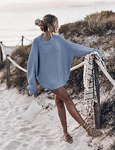 Ugerlov Women's Oversized Sweaters Batwing Sleeve Mock Neck Jumper Tops Chunky Knit Pullover Sweater (Blue, S/M)