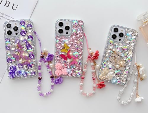 Poowear for iPhone 14 Pro Max Bling Diamond Case with Flower Strap,Luxury Bling Diamond Rhinestone Gemstone 3D Butterfly and Rose Flower Gemstone Cover Case for Women Girls