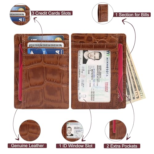 BOTANNER Genuine Leather Slim RFID-Blocking Card Holder – 3 Card Slots, 1 ID Window, 2 Additional Pockets,1 note section Croc-Embossed Design | Unisex (Chestnut)