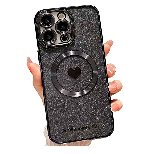 Weonmov for iPhone 13 Pro Max Case Magnetic Glitter Compatible with MagSafe, Bling Love Heart Clear Phone Case, Camera Protection Sparkly Plating Slim Soft Back Cover for Women Girls - Black