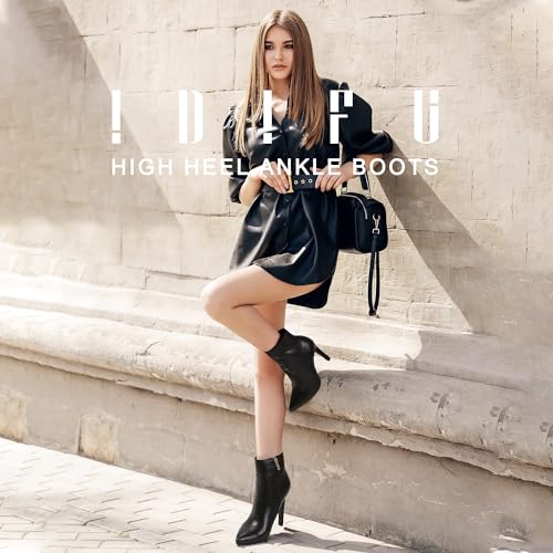IDIFU Black Ankle Boots for Women High Heel Pointed Toe Boots Side Zipper Stiletto Booties (Black Suede, 12 M US)