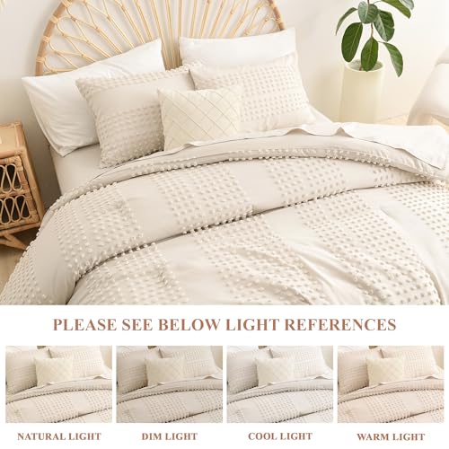 Litanika Emerald Green Comforter Queen Size, Boho Tufted Comforter with Dark Green Jacquard Pom Design, Dots Shabby Chic Bed Set, Lightweight 3 Pieces Bedding for All Season(90x90 Inches)