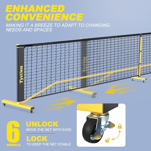 TYRSEN Portable Pickleball Net on Wheels, 22FT Pickleball Net for Driveway Backyard, 18-Ply PE Net, Weather Resistant Metal Frame Pickle Ball Net System for Indoor & Outdoor