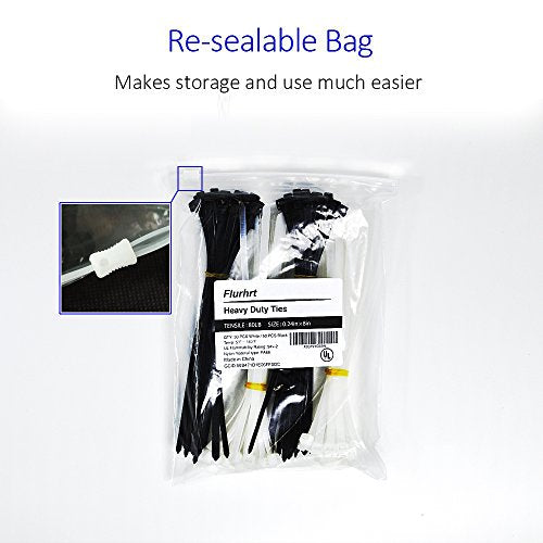 Cable Zip Ties Heavy Duty 8 Inch, Ultra Strong Plastic Wire Ties with 80 Pounds Tensile Strength, 100 Pieces, Nylon Tie Wraps with 0.24 Inch/6mm Width in Black & White, Indoor and Outdoor UV Resistant