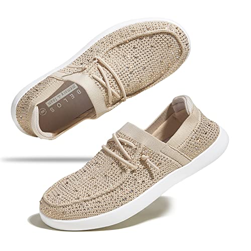 BELOS Women's Rhinestone Lace Up Loafers Shoes Comfortable Slip On Mesh Knit Walking Shoes Fashion Lightweight Sparkly Glitter Sneaker(Beige,7