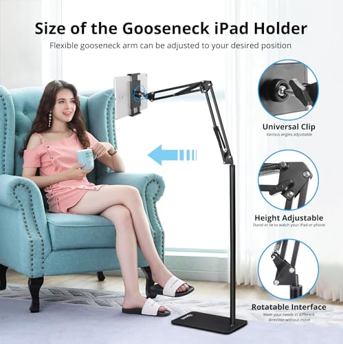 Spessn Adjustable Tablet Floor Stand Universal 360-degree Rotatable Metal Tablet Holder Phone Stand for iPad/iPhoneX/iPad Pro 4.5-12.9" Inch-Screen, Phone, Kindle(Black)