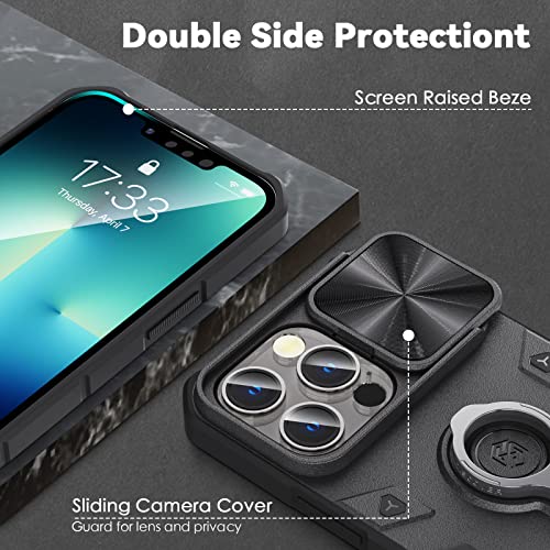 CloudValley Compatible with iPhone 13 Pro Max Case with Camera Cover & Stand, Slide Lens Protection and Built in 360° Rotatable Ring Holder, Soft Edge Bumper Protective Cases, Black