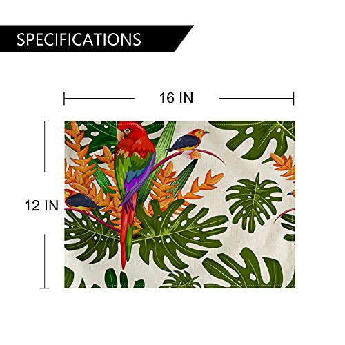 Tropical Leaves Table Mats Set of 4 Parrot &Red Flower &Monstera Palm Patter Placemats Waterproof Heat Resistant Washable Non-Slip Place Mats for Dinner Room Kitchen Decor Table 12”×16” (Red)
