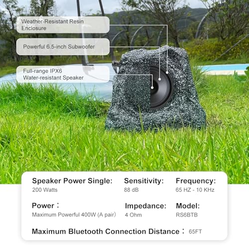Herdio 6.5" Outdoor Rock Bluetooth Speakers Waterproof 400 Watt Resin Material All Weather for Deck Pool Backyard Patio Garden BBQ (1 Pair)