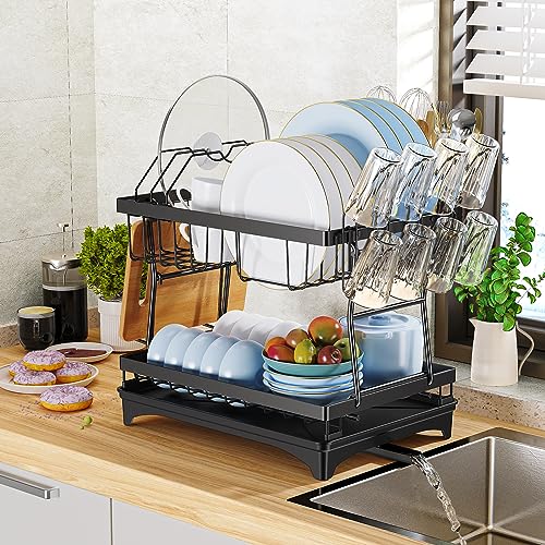PKBD Rustproof Stainless Steel Dish Drying Rack,2 Tier Large Dish Rack for Kitchen Counter,Dish Rack with Drainboard,Utensil Holder & Cup Holder,Black