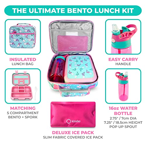 kinsho Bento Lunch Box. Insulated Bag, Water Bottle & Ice Pack Set for Kids, Toddlers, Girls. 5 Portion Sections, Removable Tray, Pre-School Toddler Daycare Lunches, Snack Container, Aqua Cat Mermaid