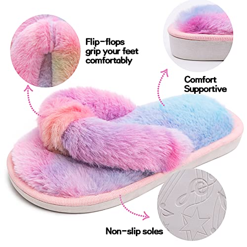 techcity Boys Girls Fuzzy Flip Flop Slippers Kids Cute Soft Comfy Open Toe Fluffy Slip On Thong Flat Sandals House Home Fur Slides Indoor Outdoor (9-10, Rainbow, numeric_9)