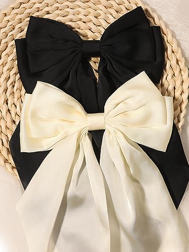 Furling Pompoms Hair Bows Clips for Women,White Bows Clip for Hair Green Bows Hair Barrette Spring Clips Long Tail Alligator Clips Bow Hair Accessories 2pcs