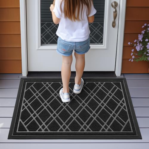 DEXI Front Door Mat Outside Entrance, All-Season Heavy Duty Rubber Indoor Outdoor Doormat, Fade Resistant, Low-Profile, Easy Clean Patio Entryway Rug, 17"x29", Weave Grey