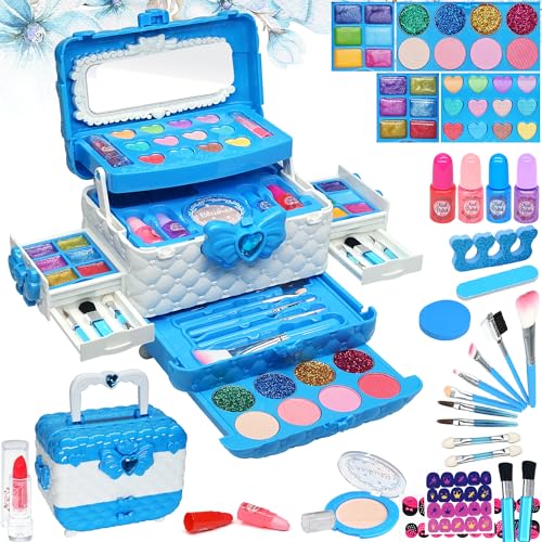 Kids Makeup Sets for Girls - 66 PCS Makeup for Kids with Dresser Vanity Case, Washable and Safe Girls Makeup Sets Ages 3-12, Christmas Birthday Gifts Toys for 4 5 6 7 8 9 Year Old Girl(Pink Purple)