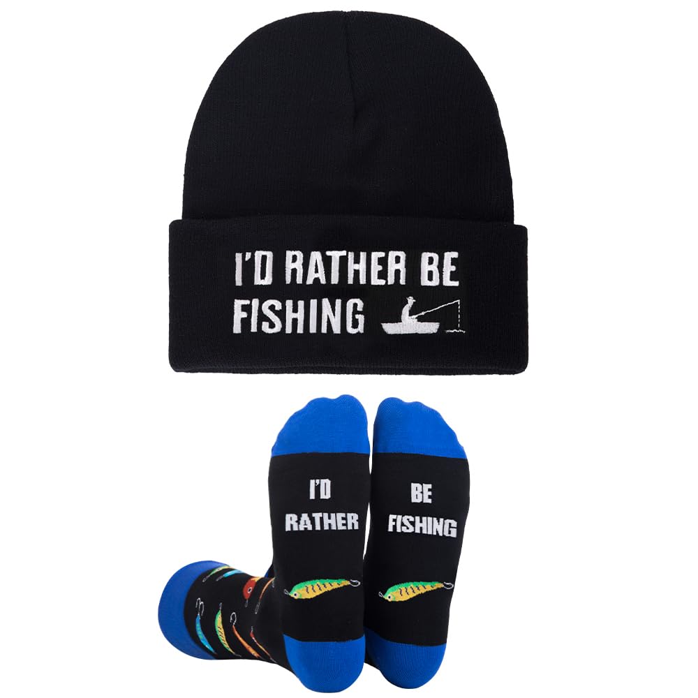 GOAUS Fishing Gifts for Men, Funny Beanie Hat and Socks, Christmas Gifts for Him Boys Dad Husband Boyfriend Grandpa