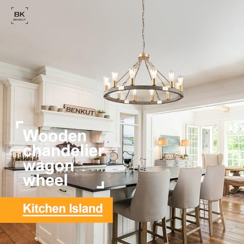 Benkut Farmhouse Wagon Wheel Chandelier 31" Black Rustic Light Fixtures 12-Light Wood Round Chandelier for Dining Room Living Room Entryway Foyer