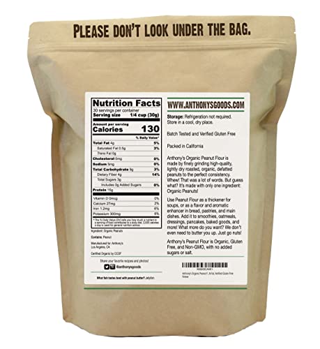 Anthony's Organic Peanut Flour, Defatted, 2 lb, Light Roast 12% Fat, Verified Gluten Free
