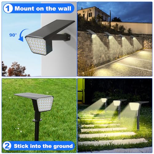 DEALGADGETS Solar Spot Lights Outdoor, IP65 Waterproof 44 LED Landscape Spotlights, Solar Powered Spotlight with Auto On/Off and 3 Lighting Modes for Outside Garden Decor, 2 Pack (Warm White)