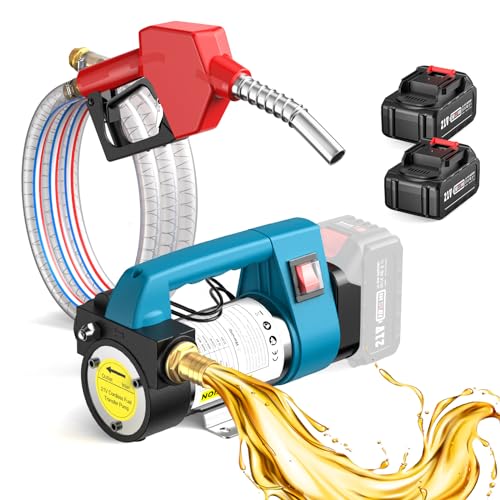 Fuel Transfer Pump Battery Powered, 21V Cordless Diesel Transfer Pump with 2X4.0Ah Battery, 12GPM Portable Self-Priming Diesel Pump Kit with Auto Shut Off Nozzle&Hose for Diesel,Kerosene