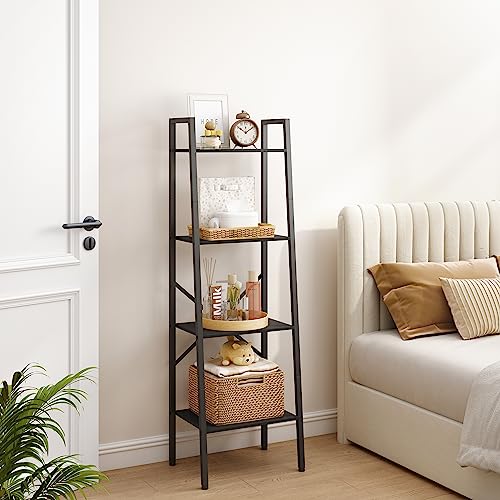Hoctieon 4-Tier Industrial Ladder Bookshelf, Narrow Ladder Shelf, Tall Standing Bookshelf, Skinny Open Ladder Shelf, for Living Room, Home Office, Kitchen, Bedroom, Metal Frame, Black