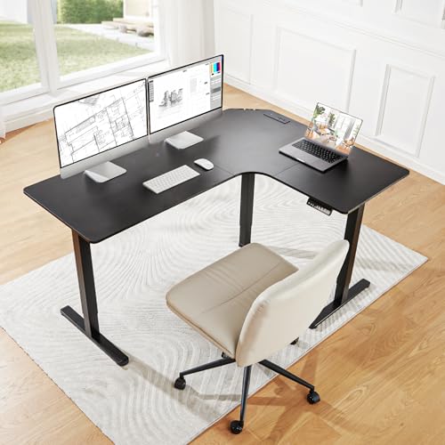 HUANUO 63″ Dual Motor L-Shaped Standing Desk, Built-in Power Outlets, Electric Height Adjustable Corner Computer Desk, Large Power Strip Holder, Sit Stand Up Desk with 3 Preset Heights, Black