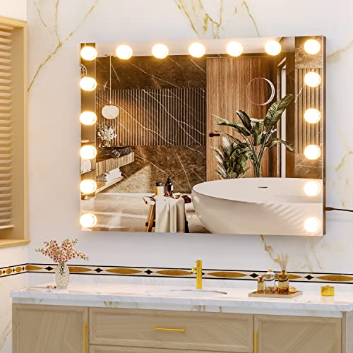 Hasipu Vanity Mirror with Lights, 31.5" x 23.6" Hollywood Mirror, Makeup Mirror with 17 Dimmable Bulbs and 10X Magnification, 3 Colors Modes, Touch Control, USB Charging Port, Type-C