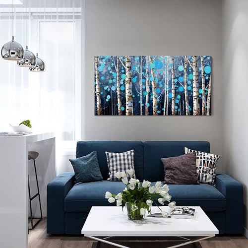 HKDGOKA Wall Art for Living Room Blue Forest Painting Abstract Tree Landscape Panoramic Canvas Textured Picture,Modern Larg Artwork Framed for Bedroom Bathroom Office Home Decor 40"x20"