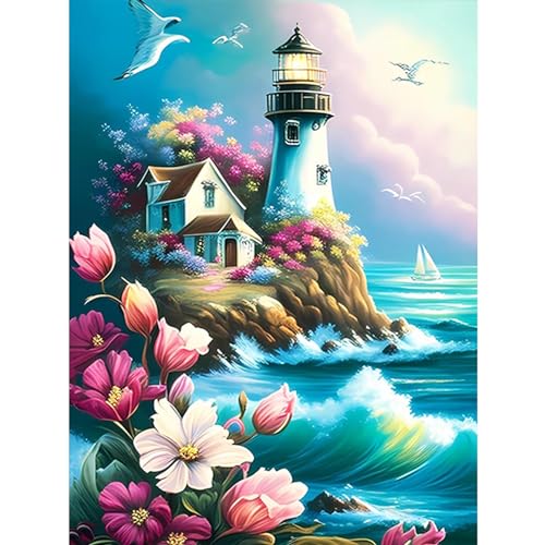 SENQAO Lighthouse Diamond Painting Kits for Adults, DIY 5D Diamond Art Paint with Round Diamonds Full Drill Seaside Gem Art Painting Kit for Home Wall Decor 30×40cm