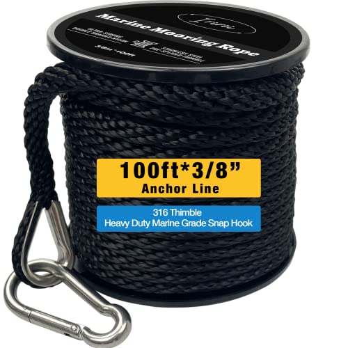 100 FT Double Braided Nylon Boat Anchor Rope 3/8inch with 316 Stainless Steel Thimble and Heavy Duty Snap Hook Marine Grade Anchor line Black