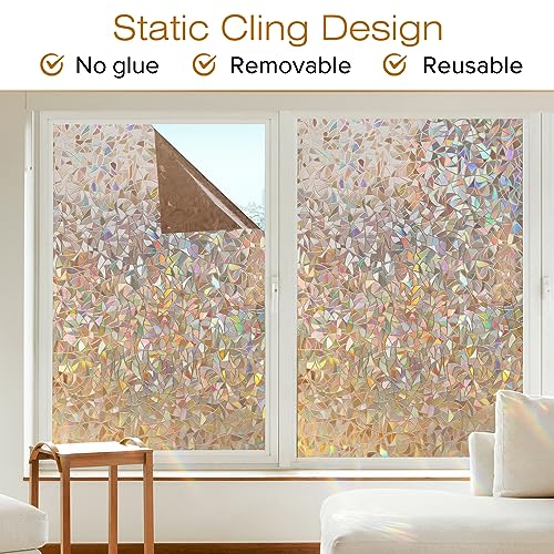 rabbitgoo Window Privacy Film, Rainbow Static Cling Decorative Stained Glass Window Film, Heat Control Window Tinting Film for Home, Grayish Silver, 35.4 x 157.4 inches