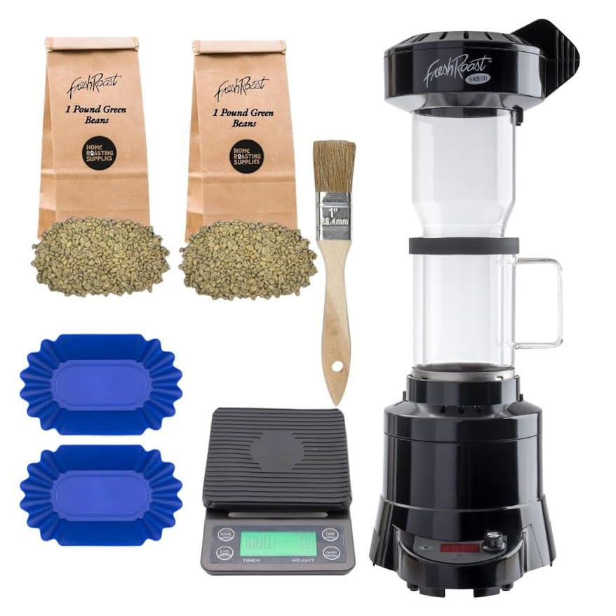 Fresh Roast Coffee Roaster Bundle SR800, Glass Extension Tube, Pour Over DIgital Scale, (2lbs) Sample Pack of Green Beans, (2-Pack) Sample Trays, Chaff Brush