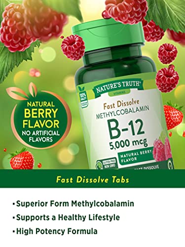 Nature's Truth B12 Vitamin 5000 mcg | 60 Tablets | Fast Dissolve Natural Berry Flavor | Vegetarian, Non-GMO & Gluten Free Supplement