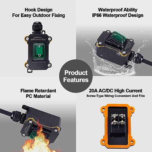 MARSTEK Heavy Duty Waterproof Extension Cord with On/Off Switch,Inline Cord Switch with 10-ft 16AWG Cable Piggyback Plug(3-Pronged),AC/DC 20A-125V,16A-250V (Green)