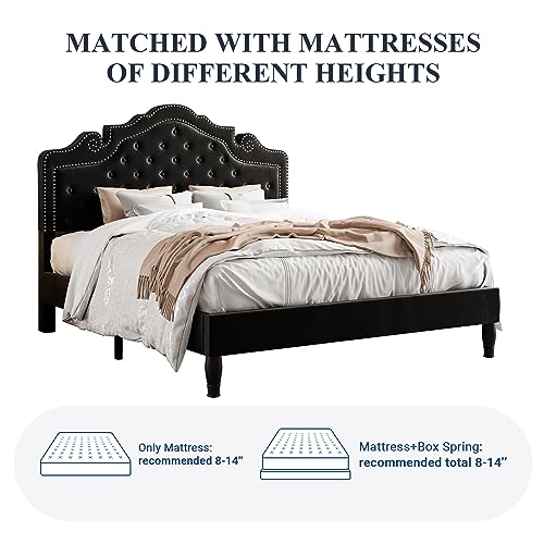 Allewie Full Size Bed Frame with Adjustable Velvet Tiara Headboard, Upholstered Diamond Button Tufted Platform Bed, Wood Slats Support, No Box Spring Needed, Black