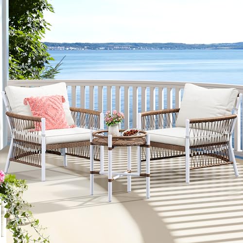 YITAHOME 3-Piece Outdoor Patio Furniture Wicker Bistro Set, All-Weather Rattan Conversation Chairs for Backyard, Balcony and Deck with Soft Cushions, Beige