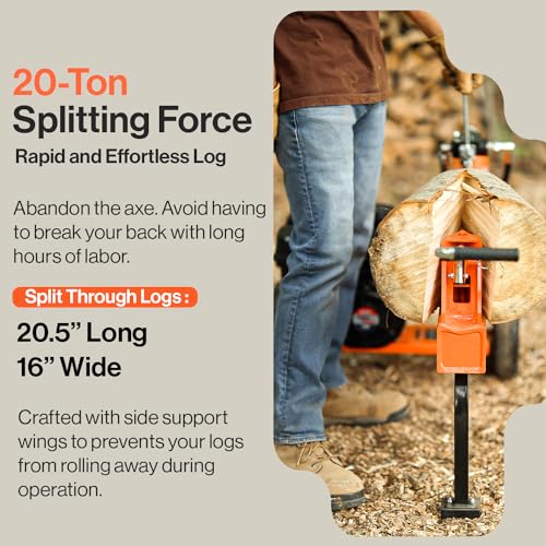 SuperHandy Log Splitter Portable 20 Ton Rapid Auto Return Ram System Bucher Gear Pump 7HP Engine Horizontal Full Beam Steel Wedge Firewood Splitting Forestry Harvesting